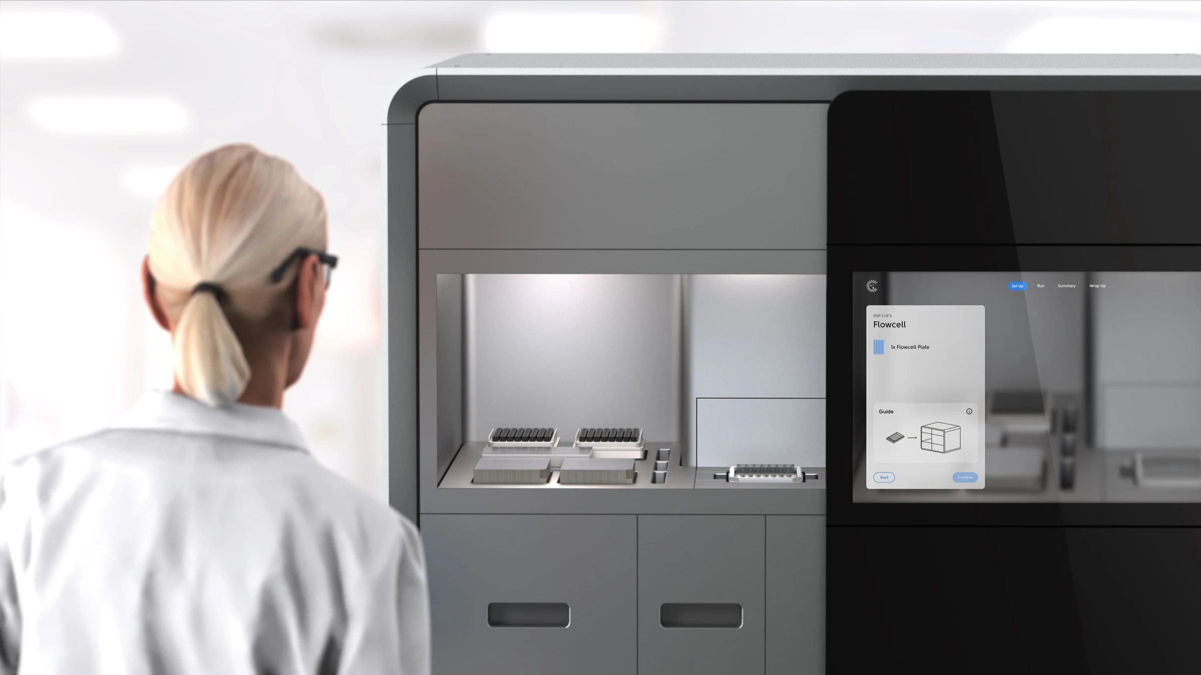 Scientist operating a Cellanome cellular analysis instrument